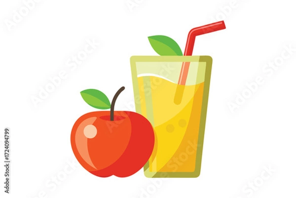 Fototapeta Shiny red apple sits beside a tall glass containing fresh juice with a straw