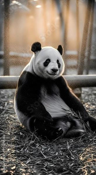 Fototapeta A charming giant panda sits contentedly on the ground, bathed in the soft, golden glow of sunrise or sunset, offering a peaceful glimpse into its calm demeanor and natural environment