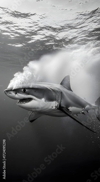 Fototapeta Underwater Close-Up of a Great White Shark's Head with Teeth Visible in Black and White, Capturing its Power and Majesty in its Natural Ocean Habitat