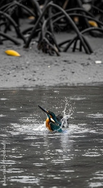 Fototapeta Kingfisher Splashes in Mangrove Waters A Vibrant Moment in Nature's Realm