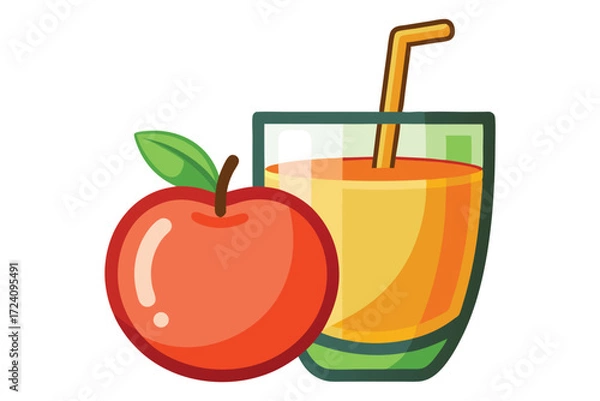 Fototapeta A red apple rests beside the glass of vibrant orange juice with straw