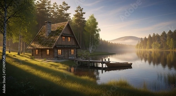 Obraz Idyllic lakeside cabin retreat at dawn in a serene nature setting