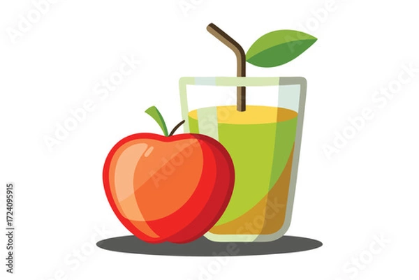 Fototapeta Shiny red apple rests beside a refreshing glass of fresh juice with a straw