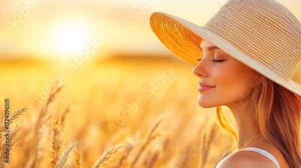 Obraz Woman in Straw Hat Serene in Golden Wheat Field