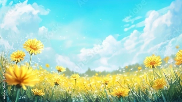 Obraz Yellow Dandelions Blooming in a Sunny Field
