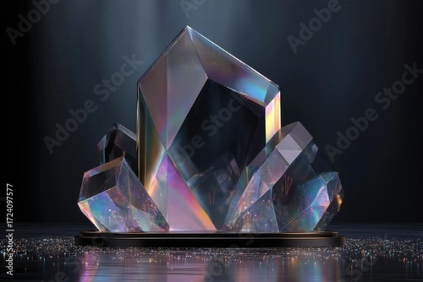 Fototapeta Shimmering crystal formation with colorful reflections under soft lighting in a dark setting