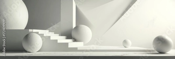 Fototapeta Abstract White Geometric Shapes - Minimalist 3D of white spheres and geometric forms on a light gray background. Clean and modern design