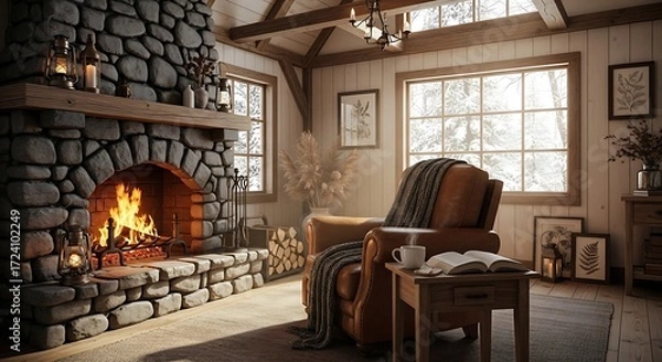Obraz Inviting winter interior with stone fireplace and cozy reading nook scene