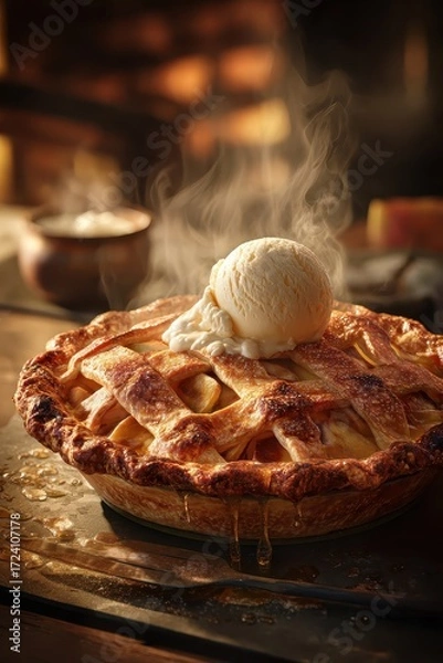 Obraz Warm Apple Pie with Vanilla Ice Cream - A Delicious Dessert.