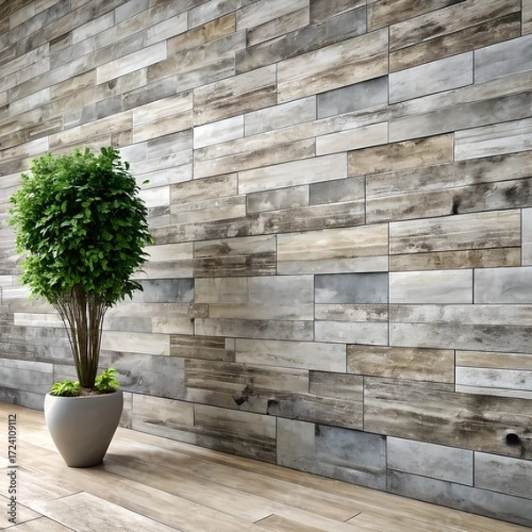 Fototapeta A potted green plant sits in front of a rustic wooden plank wall in a bright, modern room