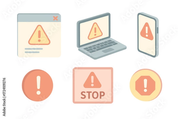 Fototapeta System Alert Icons. Isometric vector illustration set of system alert icons: warning popup window, laptop with alert symbol,