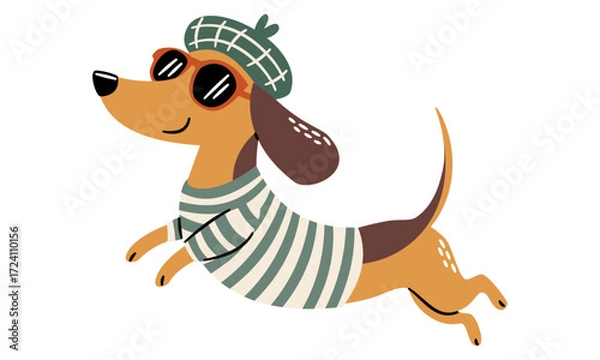 Fototapeta Flat vector illustration in a simple children's style on a white background. A cute dachshund wearing a beret and sunglasses. Vector illustration