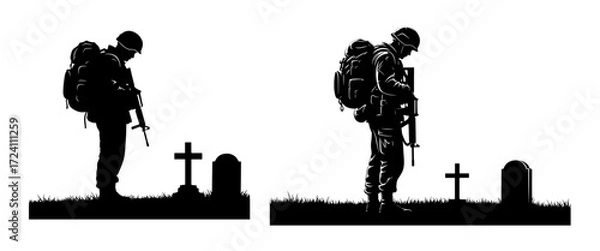 Fototapeta Vector art of soldier with rifle standing at grave, remembrance day, memorial day concept
