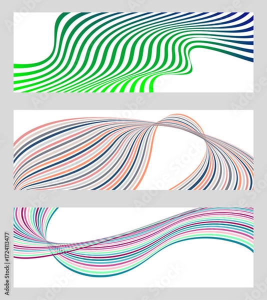 Fototapeta Wavy lines or ribbons. Set of 3 backgrounds. Multicolored striped gradient. Creative unusual background with abstract gradient wave lines to create a trendy banner, poster. vector eps