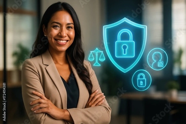 Fototapeta Legal professional emphasizing cybersecurity solutions in modern office environment focus on data privacy professional branding