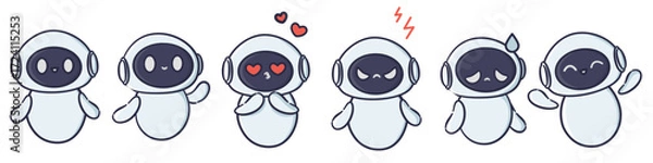 Fototapeta A set of vector illustrations in a simple, childlike style. A cute robot with different emotions and in different poses. Vector illustration