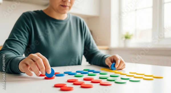 Obraz A focused woman engaged in cognitive rehabilitation, sorting colorful tokens for a therapeutic brain training exercise to improve memory