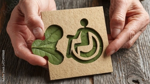 Fototapeta Eco-Friendly Accessibility Cardboard cutout of wheelchair symbol with leaf, sustainable concept. Environmental Accessibility, Disability Inclusion