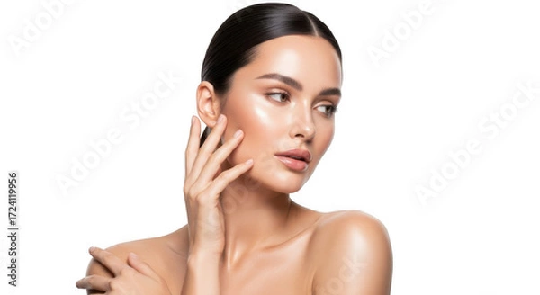 Obraz A woman with glowing, radiant skin and dark hair, posing with her hand on her face, isolated on white isolated on transparent background