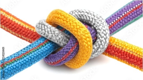 Fototapeta Intertwined Colorful Ropes Teamwork and Collaboration Concept, Close-up Image, Knot Composition, Teamwork, Collaboration
