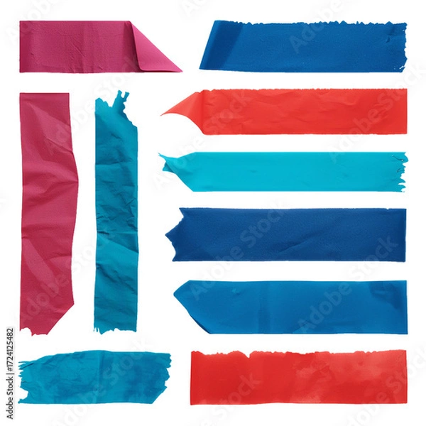 Obraz Blue and red pieces of adhesive paper tape on a simple white background, perfect for accents.