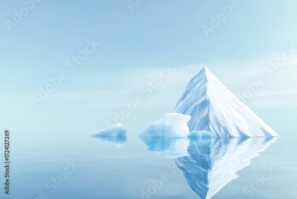 Fototapeta Serene Iceberg Reflection - A majestic iceberg, pyramid-shaped, floats serenely on calm, blue water, its reflection mirroring the peaceful scene