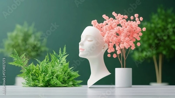 Fototapeta Serene Botanical Head Sculpture - White head sculpture with pink flowers and green plants, serene and peaceful aesthetic. Ideal for beauty, wellness, or spa branding