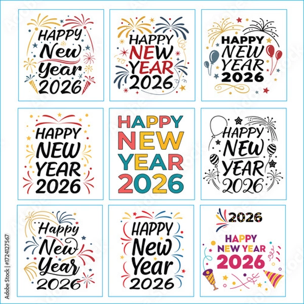 Obraz Happy New Year 2026 Vector Design set Festive Typography with Fireworks