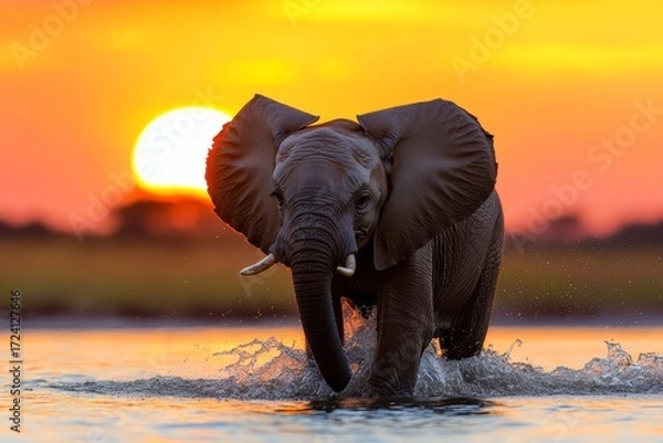 Fototapeta Sunset Splash: African Elephant Calf in Water - A young African elephant calf playfully splashes through water at sunset, symbolizing youth, freedom, nature, adventure, and tranquility