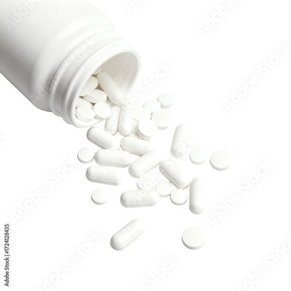 Obraz White pills and a pill tube isolated on a clean white background, ideal for medical concepts.
