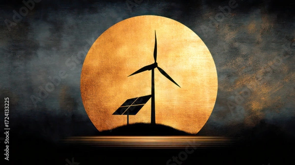 Fototapeta Renewable energy concept featuring wind turbine and solar panels silhouetted against a large golden moon, symbolizing sustainable power solutions