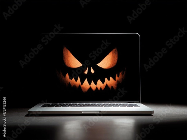 Fototapeta A glow-in-the-dark laptop screen with a Halloween face is a spooky technology concept for cybersecurity, online threats, or holiday digital campaigns. Pumpkin head, jack-o-lantern

