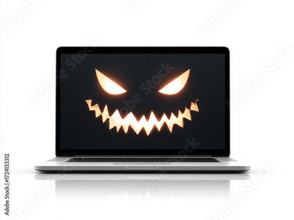 Fototapeta isolated glow-in-the-dark laptop screen with a Halloween face is a spooky technology concept for cybersecurity, online threats, or holiday digital campaigns. Pumpkin head, jack-o-lantern
