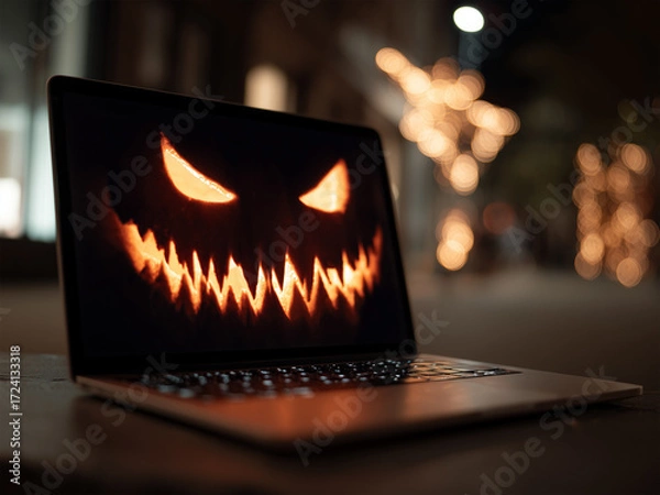 Fototapeta A glow-in-the-dark laptop screen with a Halloween face is a spooky technology concept for cybersecurity, online threats, or holiday digital campaigns. Pumpkin head, jack-o-lantern
