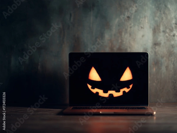 Fototapeta A glow-in-the-dark laptop screen with a Halloween face is a spooky technology concept for cybersecurity, online threats, or holiday digital campaigns. Pumpkin head, jack-o-lantern
