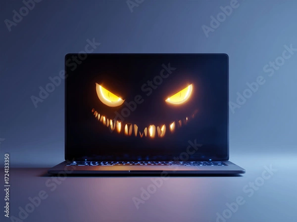 Fototapeta A glow-in-the-dark laptop screen with a Halloween face is a spooky technology concept for cybersecurity, online threats, or holiday digital campaigns. Pumpkin head, jack-o-lantern
