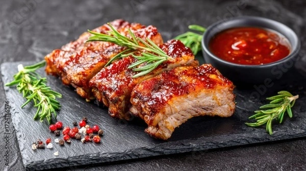 Obraz Delicious BBQ Ribs with Rosemary and Sauce