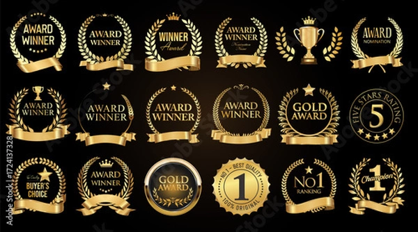 Obraz Award Winner emblem collection of gold laurel and gold emblem with text isolated on black background tock illustration 