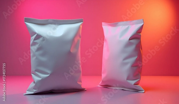 Fototapeta Two white chips packaging mockup on surface with neon light