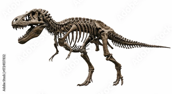 Fototapeta skeleton of a Tyrannosaurus rex isolated on a clean white background, dinosaur, skeleton, fossil, bones, extinct, paleontology