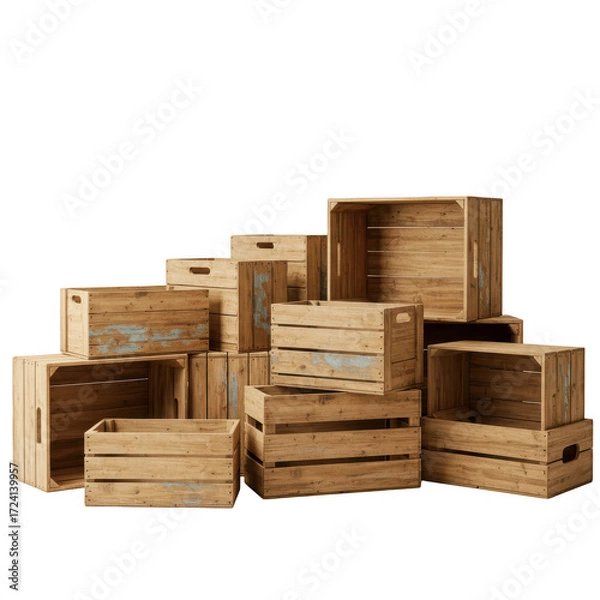 Fototapeta A collection of rustic weathered wooden crates png