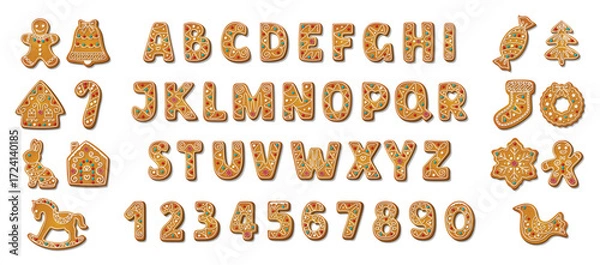 Fototapeta Gingerbread alphabet font and numbers. Winter homemade sweet cookies in festive shapes. Biscuit british letters for xmas holiday message. Cartoon vector illustration