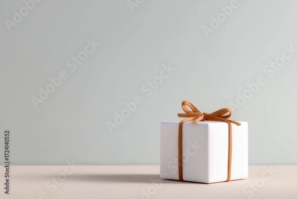 Fototapeta Gift box with elegant ribbon on minimalist background evokes ant