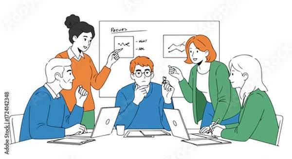 Fototapeta Team brainstorming in an office, colleagues analyze business stats during team brainstorming, finding innovative solutions for business development. Group team brainstorming session.