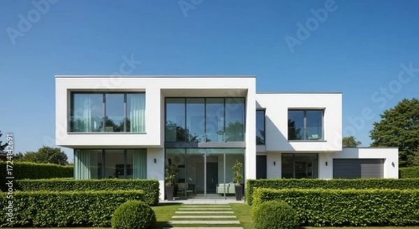 Fototapeta Modern white house with large windows and green hedge under a blue sky.