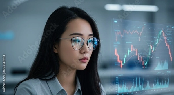 Fototapeta Woman with glasses looks at stock market graph on transparent screen.