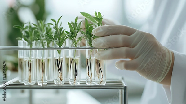 Fototapeta Plant Research: Scientist examines seedlings growing in test tubes, assessing plant growth in a lab environment for agricultural advancements.
