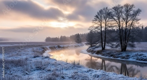 Fototapeta Serene winter landscape with a gently flowing river at misty dawn