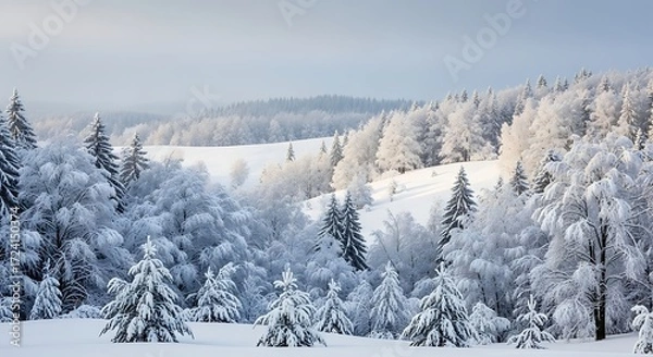 Fototapeta  Serene winter wonderland landscape with snow covered trees on hillside