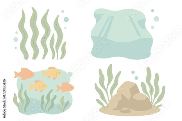 Fototapeta Ocean Forest Icons. Isometric vector illustration set Ocean forest scenery: swaying kelp, sunlight rays, colorful fish, rocky